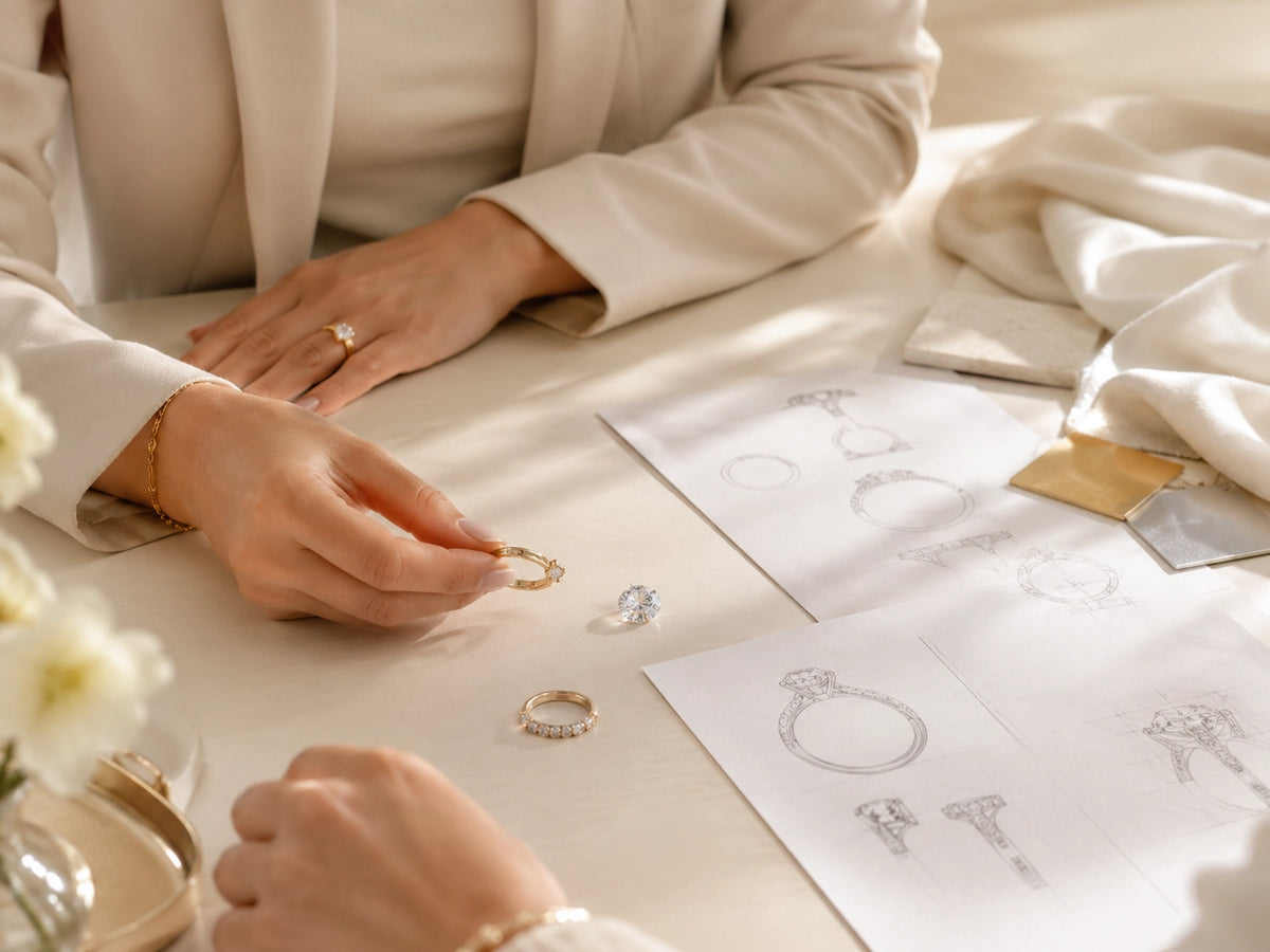 Client reviewing ring sketches, diamond options and jewelry samples during a J'ENCHANTE bespoke design consultation.