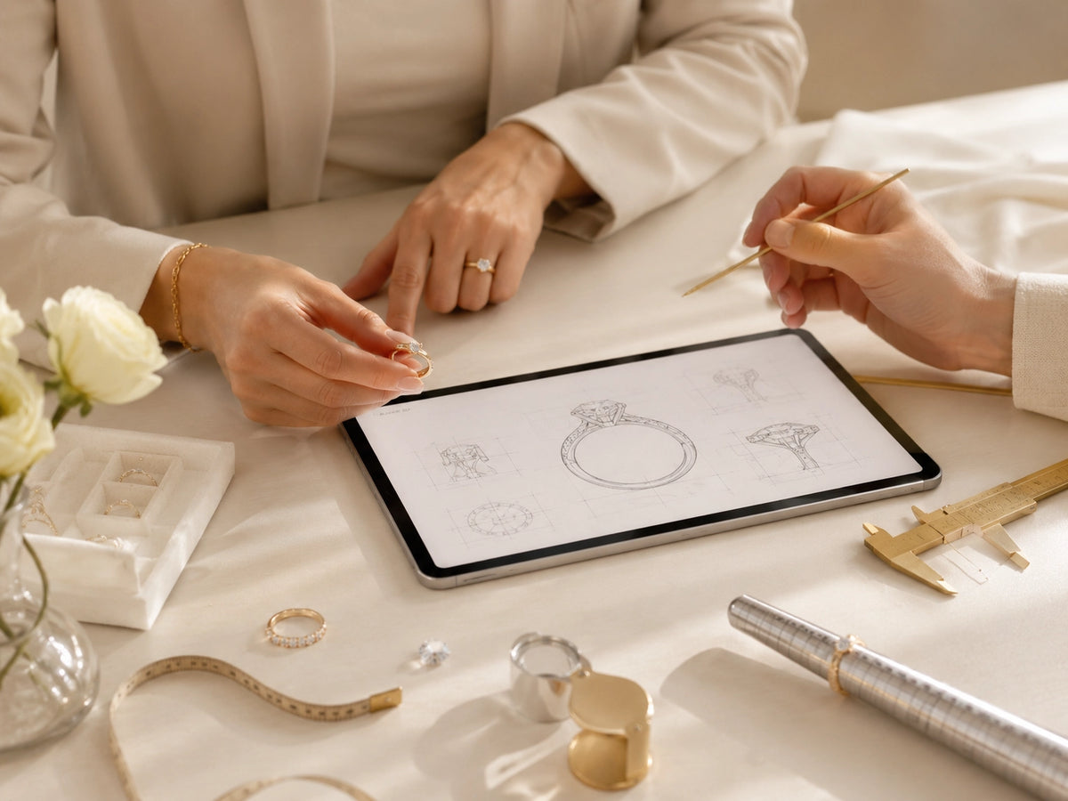 Client and jewelry designer reviewing a bespoke ring design on a tablet with sketches and measuring tools.