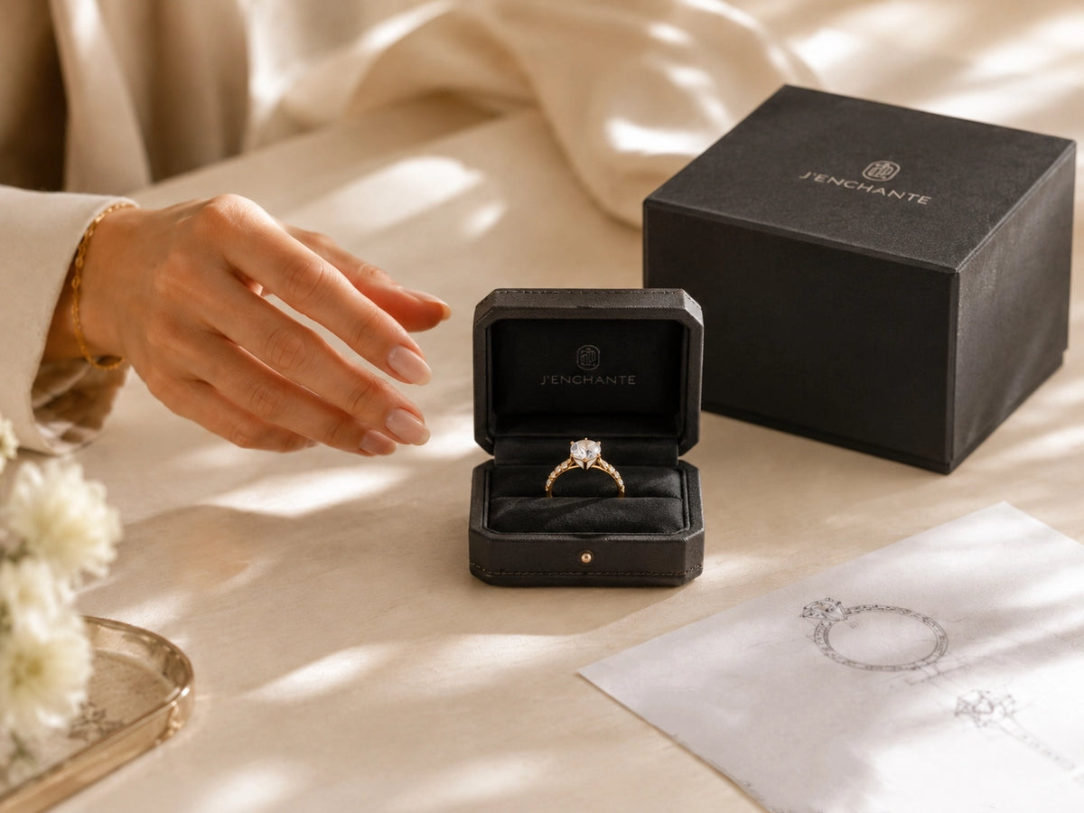 Finished bespoke diamond ring presented in a black J'ENCHANTE jewelry box after final approval.