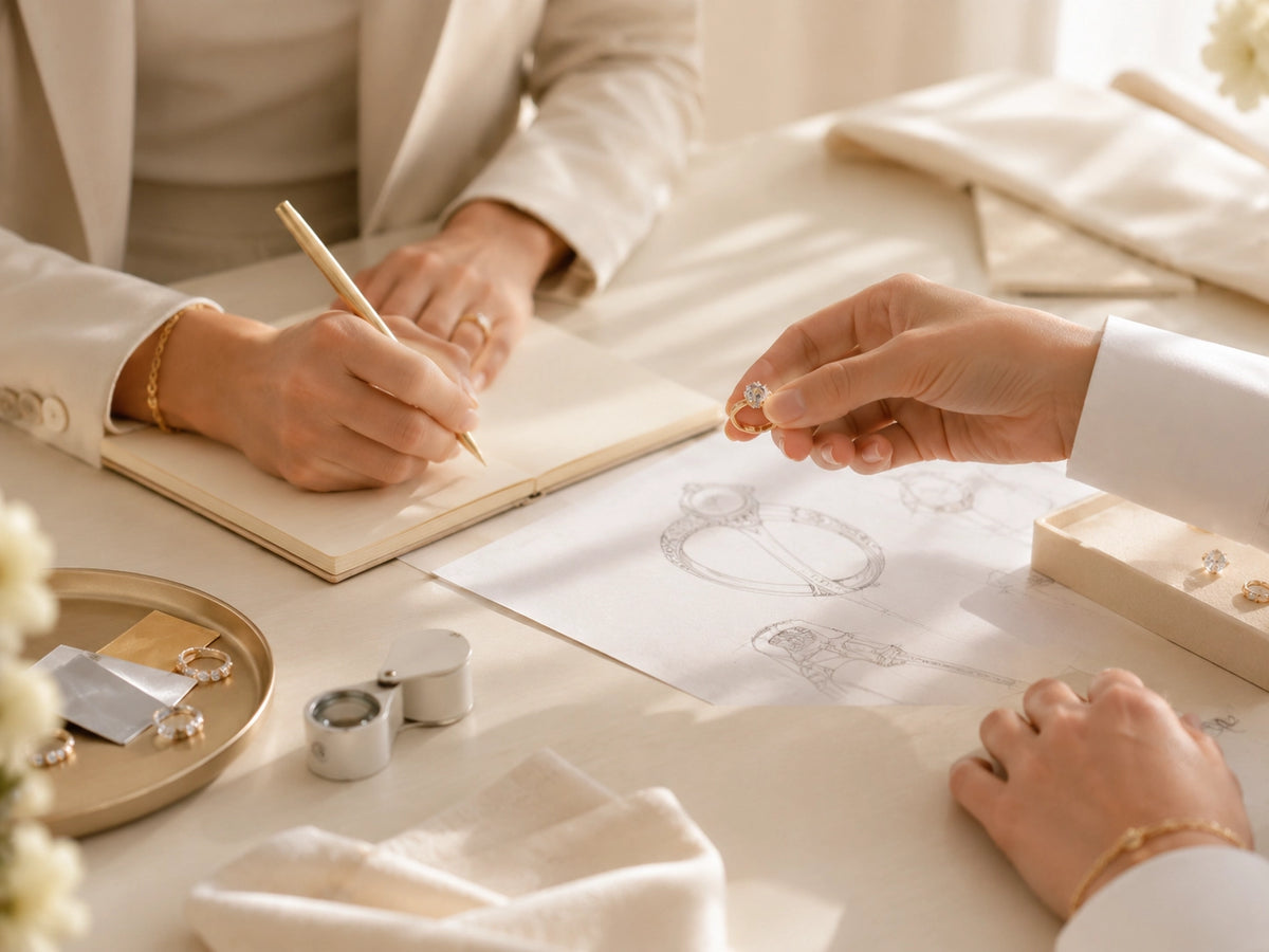 Jewelry consultant reviewing a bespoke ring design, project scope and timeline with a client.