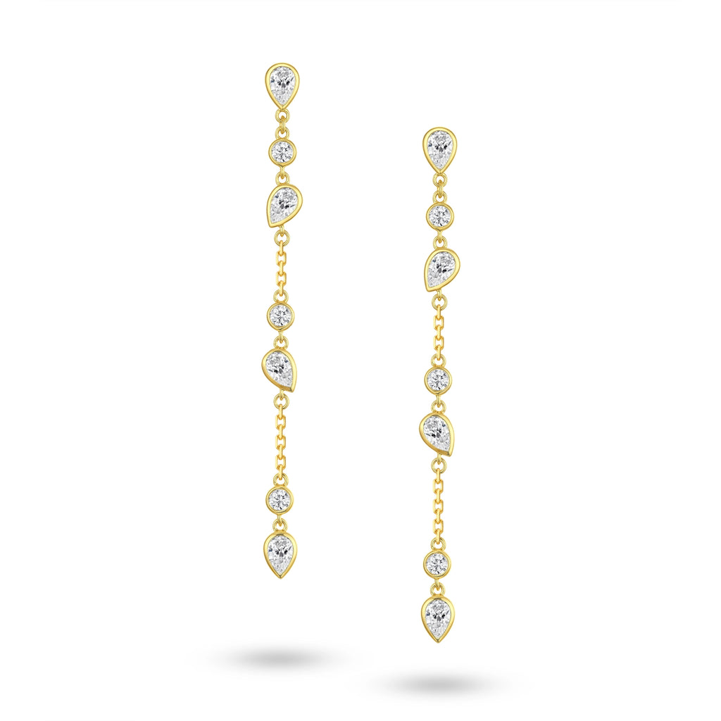 Front view of the J'ENCHANTE DEW cascading diamond drop earrings in gold. Showcasing a graceful 52.5mm drop, each earring features a striking layered cascade of 7 alternating teardrop and round diamonds (approx. 0.6 carats). This refined mixed-cut design catches the light from every angle, perfect for effortlessly elevating both day and evening looks.