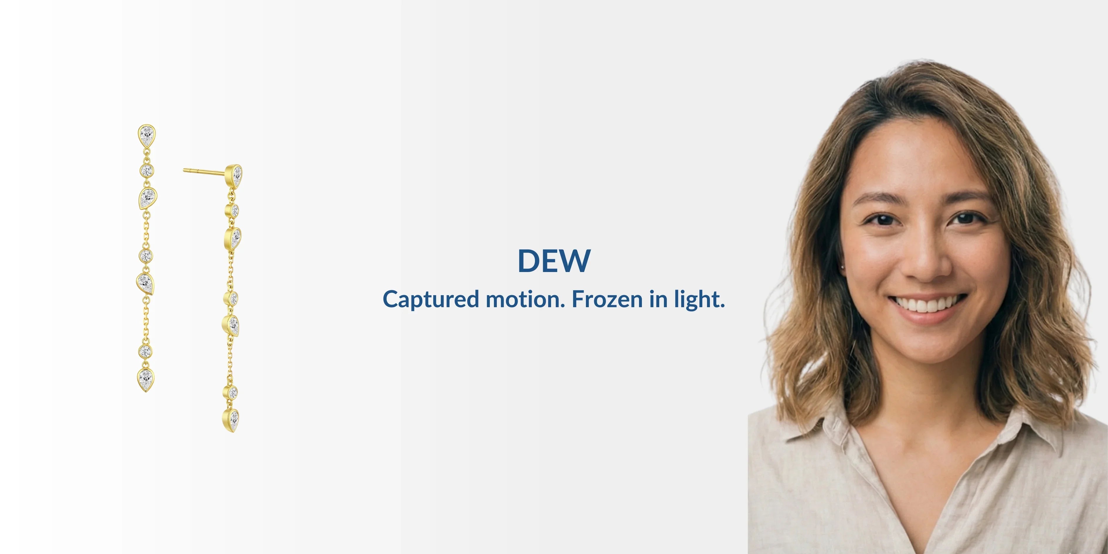 J'ENCHANTE DEW collection 18k gold lab-grown diamond teardrop dangle earrings, featured with a smiling woman to showcase the light-capturing, dynamic jewelry design.