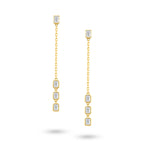 Front view of the J'ENCHANTE DEW geometric drop diamond earrings in gold. Featuring a clean, architectural 50mm drop, each earring presents a vertical sequence of 4 emerald-cut diamonds (approx. 0.7 carats) aligned on a delicate chain, evoking droplets tracing a structured path with cool, controlled brilliance.