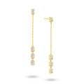 Angled view of the J'ENCHANTE DEW 50mm emerald-cut diamond drop earrings. The image highlights the delicate gold chain and the sharp, composed facets of the step-cut diamonds. Balanced between precision and movement, this refined design offers graphic brilliance ideal for confident workwear or minimalist evening styling.