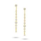 Front view of the J'ENCHANTE DEW linear droplet diamond drop earrings in gold. Showcasing a refined 52.5mm drop, each earring features a clean vertical sequence of 9 round diamonds (approx. 0.6 carats). The architectural silhouette and brilliant round stones evoke delicate droplets falling in a structured path, offering understated elegance for modern minimal styling.