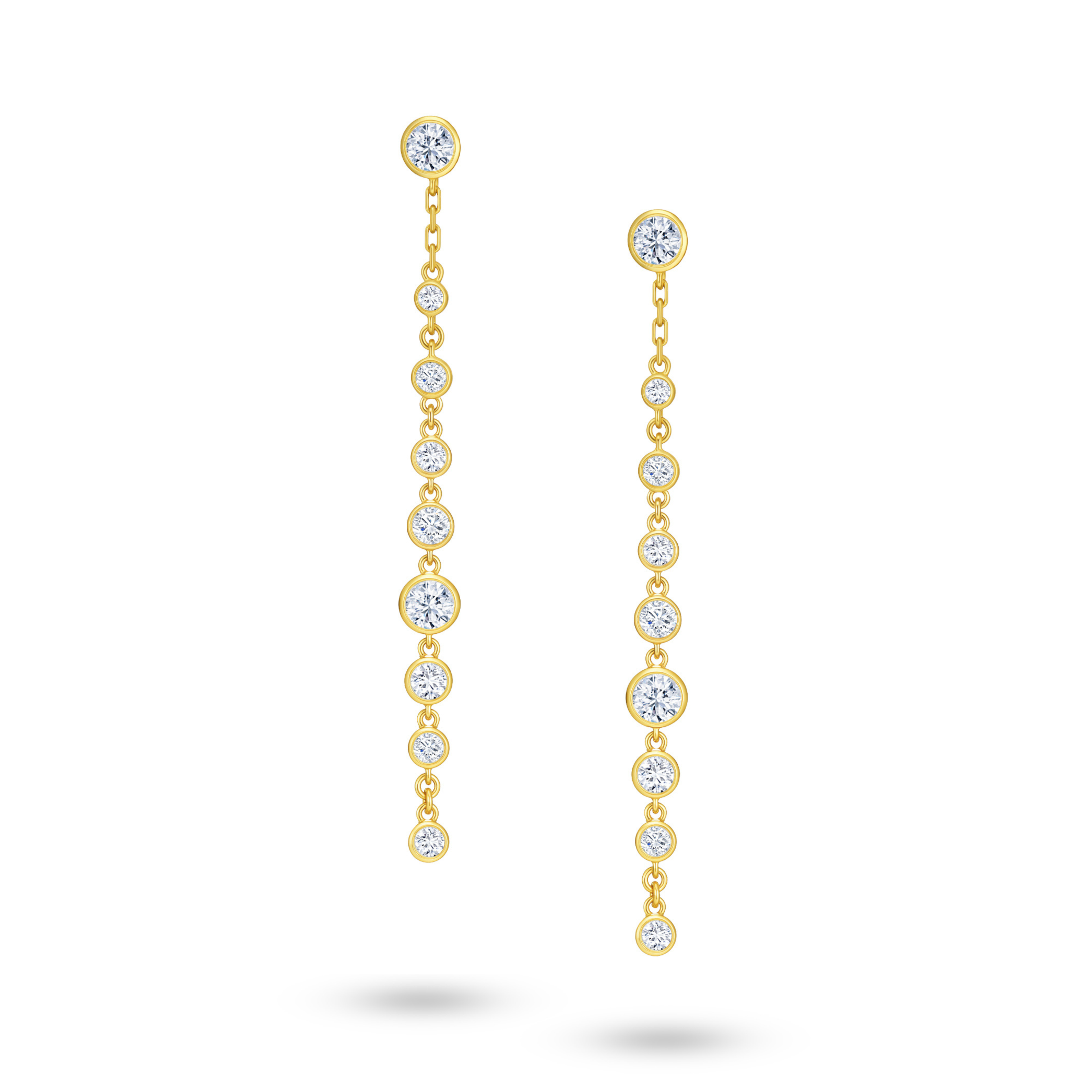 Front view of the J'ENCHANTE DEW linear droplet diamond drop earrings in gold. Showcasing a refined 52.5mm drop, each earring features a clean vertical sequence of 9 round diamonds (approx. 0.6 carats). The architectural silhouette and brilliant round stones evoke delicate droplets falling in a structured path, offering understated elegance for modern minimal styling.