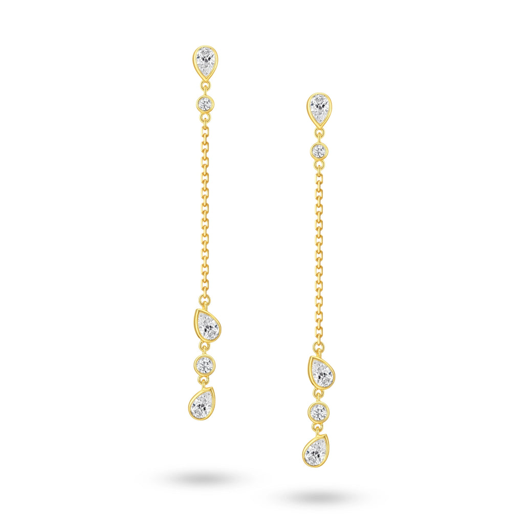 Front view of the J'ENCHANTE DEW Teardrop Rhythm diamond drop earrings in gold. Showcasing a graceful 50mm drop, each earring features a rhythmic sequence of 5 alternating teardrop (pear-shaped) and round diamonds (approx. 0.4 carats). This expressive, mixed-cut design creates a refined layered cascade of light, perfect for elevating any modern silhouette.