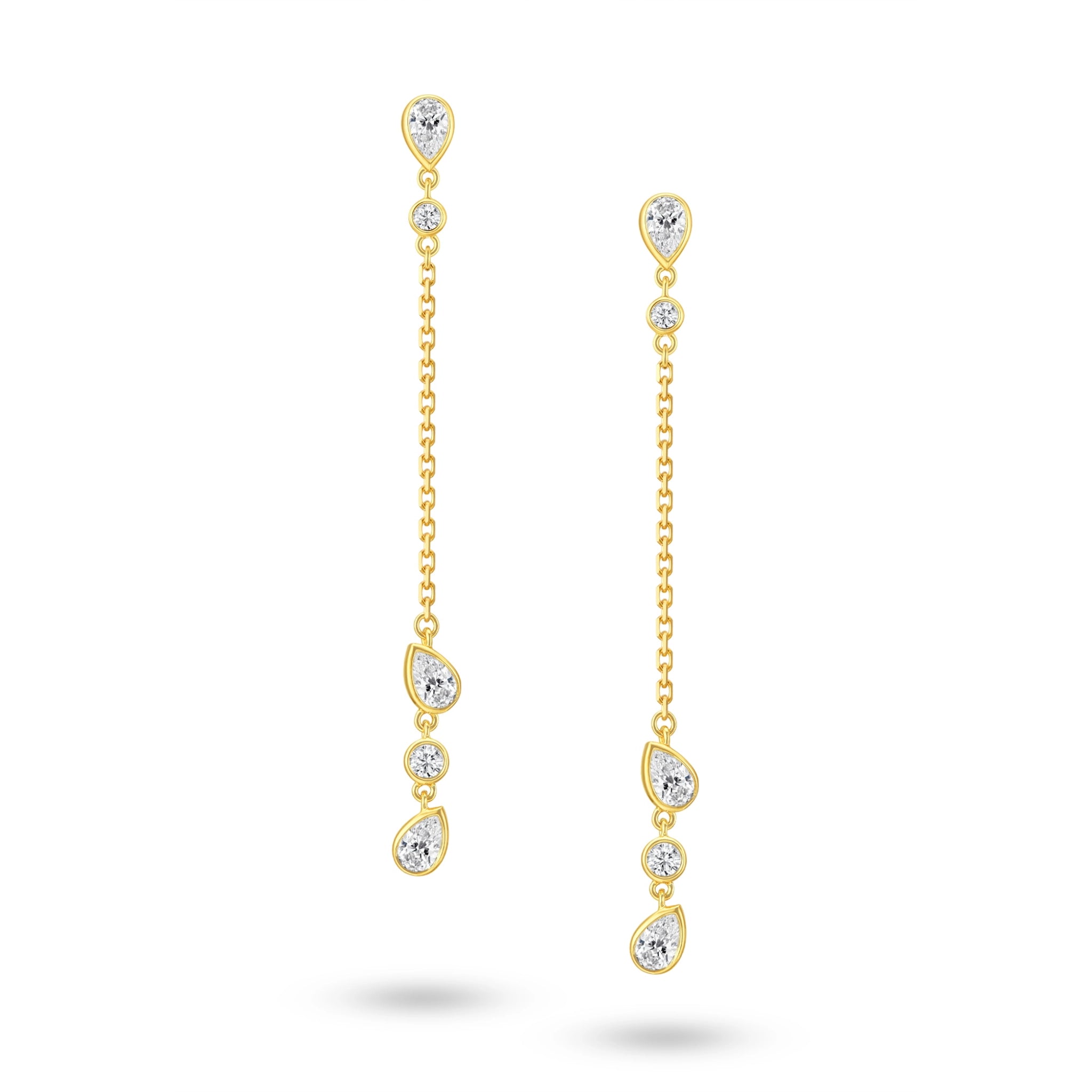 Front view of the J'ENCHANTE DEW Teardrop Rhythm diamond drop earrings in gold. Showcasing a graceful 50mm drop, each earring features a rhythmic sequence of 5 alternating teardrop (pear-shaped) and round diamonds (approx. 0.4 carats). This expressive, mixed-cut design creates a refined layered cascade of light, perfect for elevating any modern silhouette.