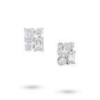 J'ENCHANTE Facette Quartet lab-grown diamond earrings in 18K white gold, shown from the front and side with the signature J-Setting.