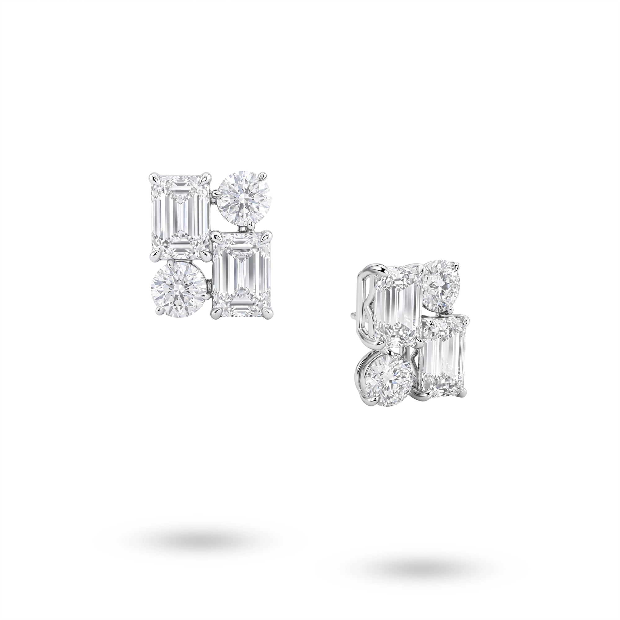 J'ENCHANTE Facette Quartet lab-grown diamond earrings in 18K white gold, shown from the front and side with the signature J-Setting.