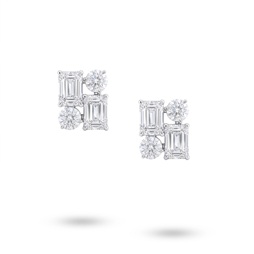 Front view of J'ENCHANTE Facette Quartet earrings with round and emerald-cut lab-grown diamonds set in 18K white gold.