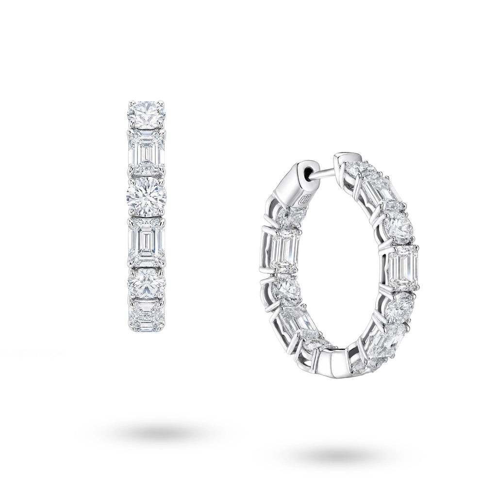 J'ENCHANTE Facette Rhythm lab-grown diamond hoop earrings in 18K white gold, shown from the front and side.