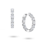 J'ENCHANTE Facette Rhythm lab-grown diamond hoop earrings in 18K white gold, shown from the front and side.