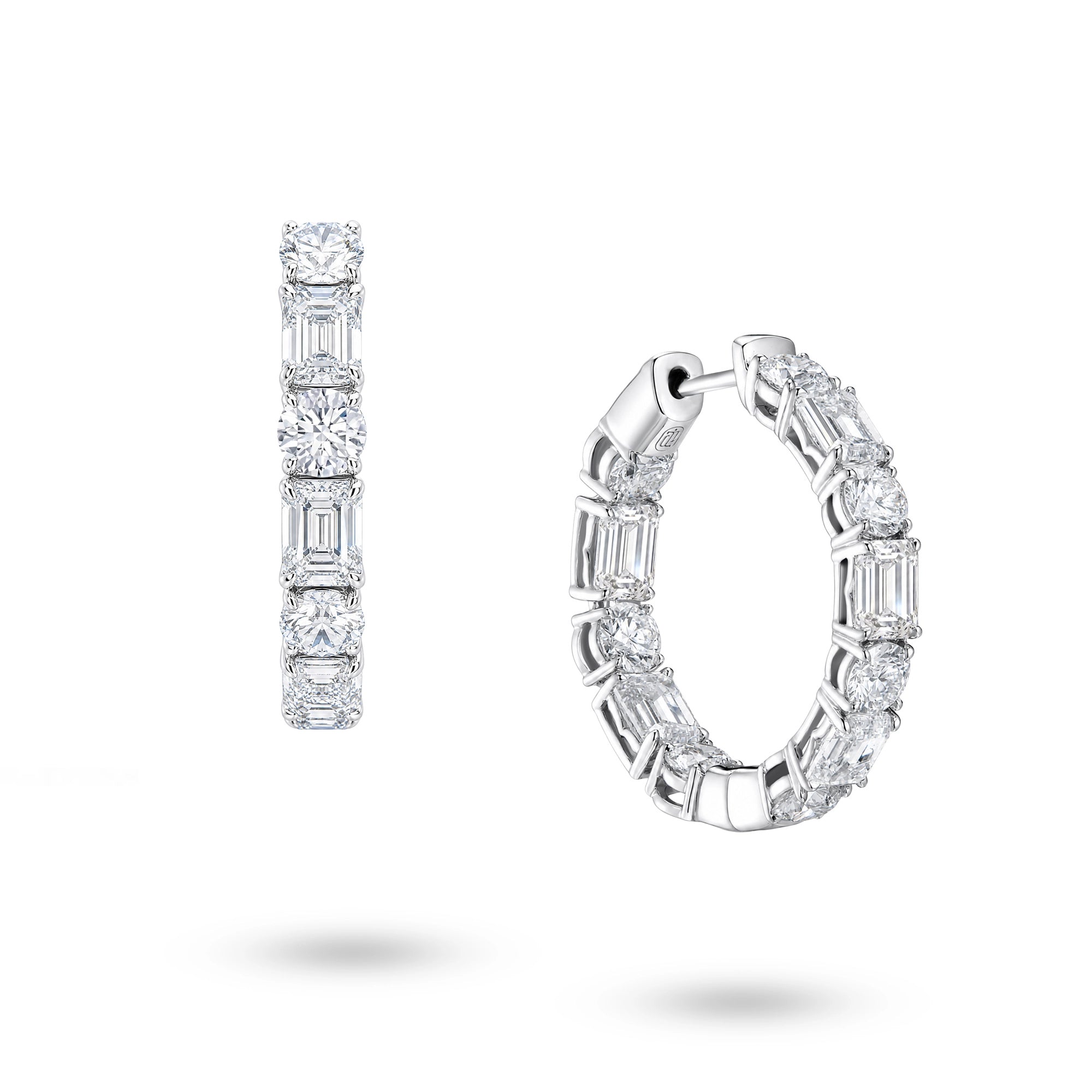 J'ENCHANTE Facette Rhythm lab-grown diamond hoop earrings in 18K white gold, shown from the front and side.