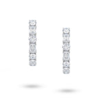 Front view of J'ENCHANTE Facette Rhythm hoop earrings with alternating round and emerald-cut lab-grown diamonds in 18K white gold.
