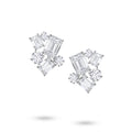 Front view of the J'ENCHANTE The Facette Structure diamond earrings in 18K white gold. Showcasing a bold architectural cluster, each earring is anchored by a 2.0-carat emerald-cut center diamond, surrounded by offset emerald and round brilliant stones (12 diamonds totaling approx. 9.37 carats). This precise geometric composition creates a refined interplay of light, shadow, and striking linear elegance.