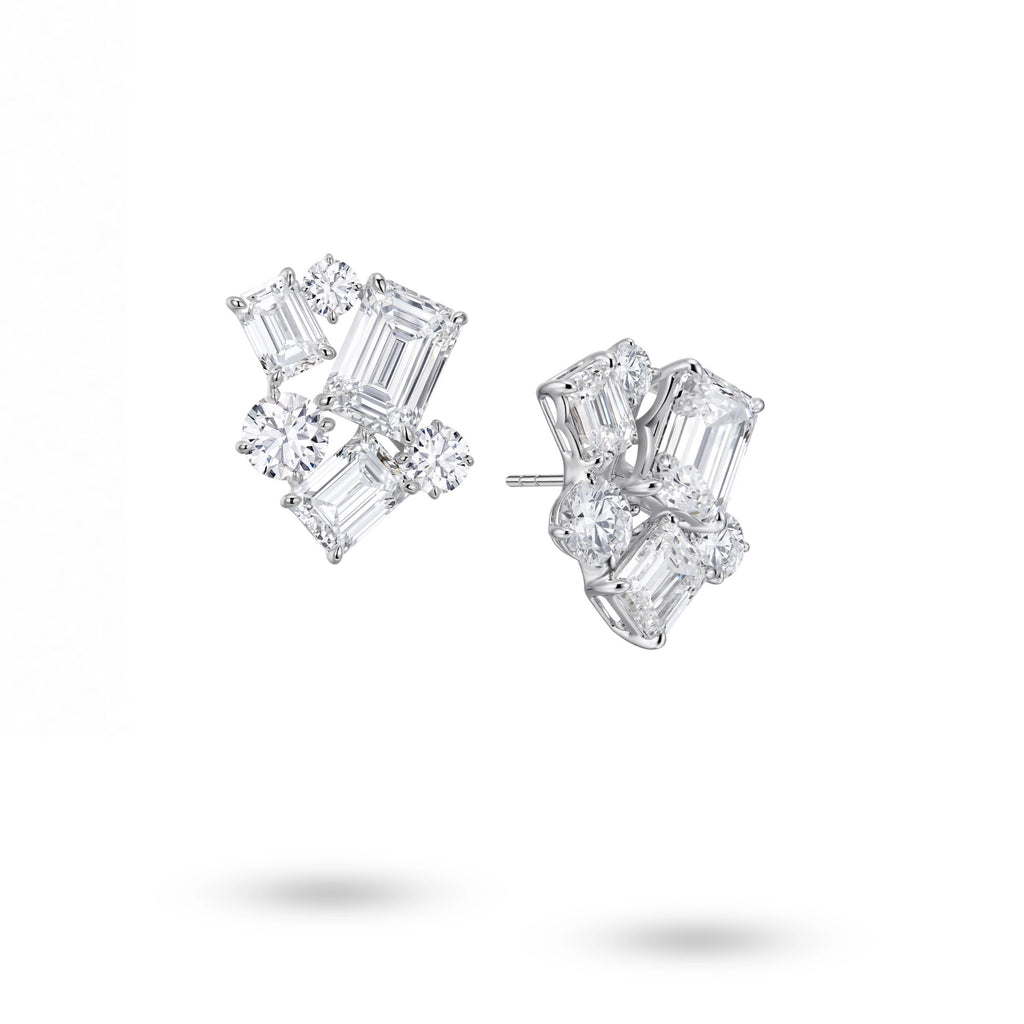 J'ENCHANTE Facette Structure Earrings (Small) in 18K white gold, shown from the front and side with the signature J-Setting.