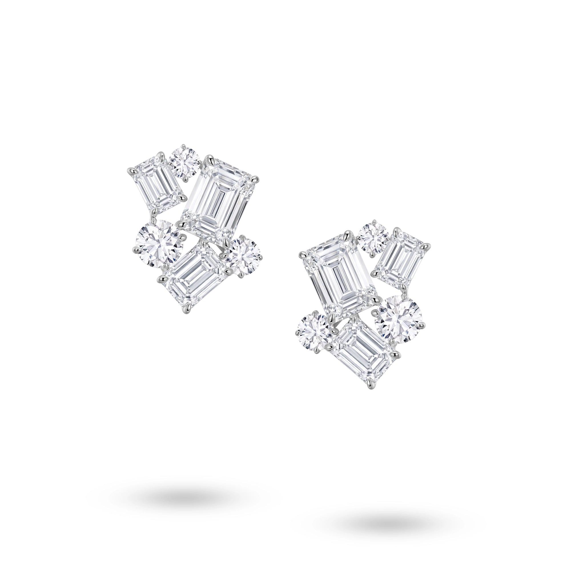 Front view of J'ENCHANTE Facette Structure Earrings (Small) with emerald-cut and round lab-grown diamonds in 18K white gold.