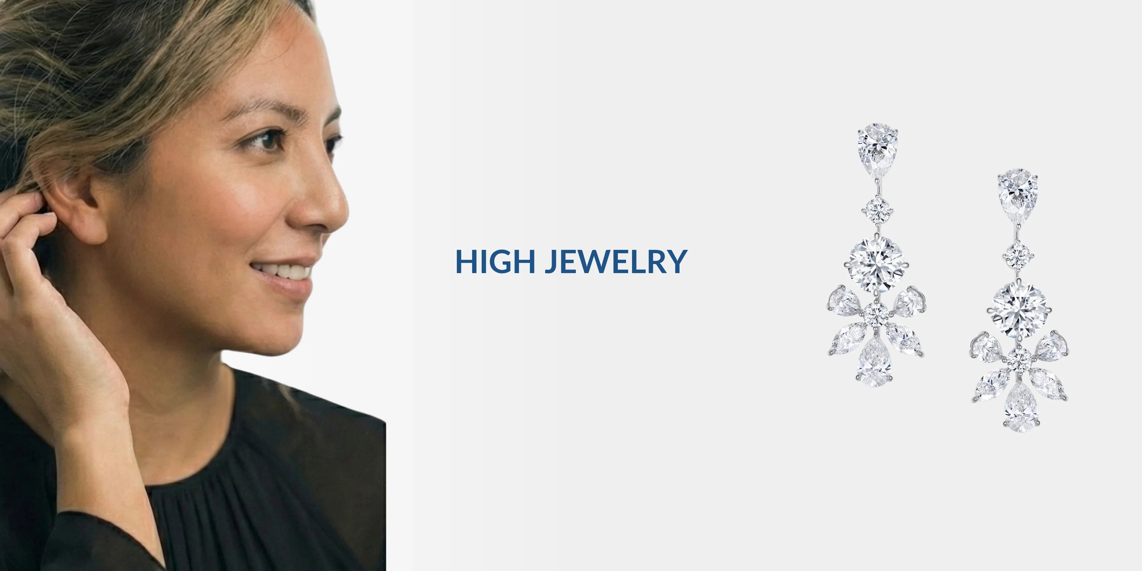 J'ENCHANTE High Jewelry collection 18k white gold lab-grown diamond chandelier earrings, featured alongside an elegant woman to showcase ultimate luxury and craftsmanship.