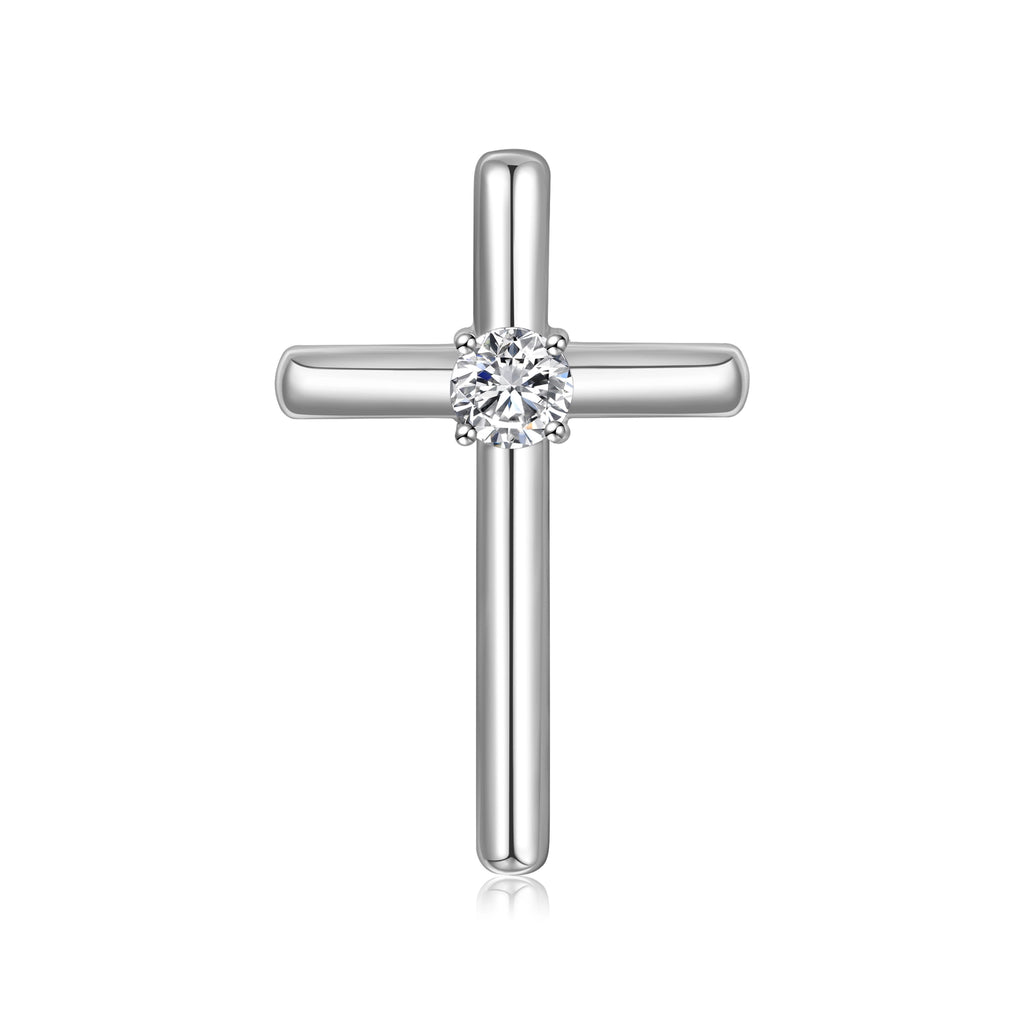 Front view of the J'ENCHANTE HOPE center cross diamond pendant in 18K white gold. Featuring clean, minimalist tubular lines, the architectural design centers on a single round brilliant diamond at the intersection. A quiet symbol of faith and strength, designed to draw light inward.