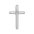 Front view of the J'ENCHANTE HOPE center cross diamond pendant in 18K white gold. Featuring clean, minimalist tubular lines, the architectural design centers on a single round brilliant diamond at the intersection. A quiet symbol of faith and strength, designed to draw light inward.