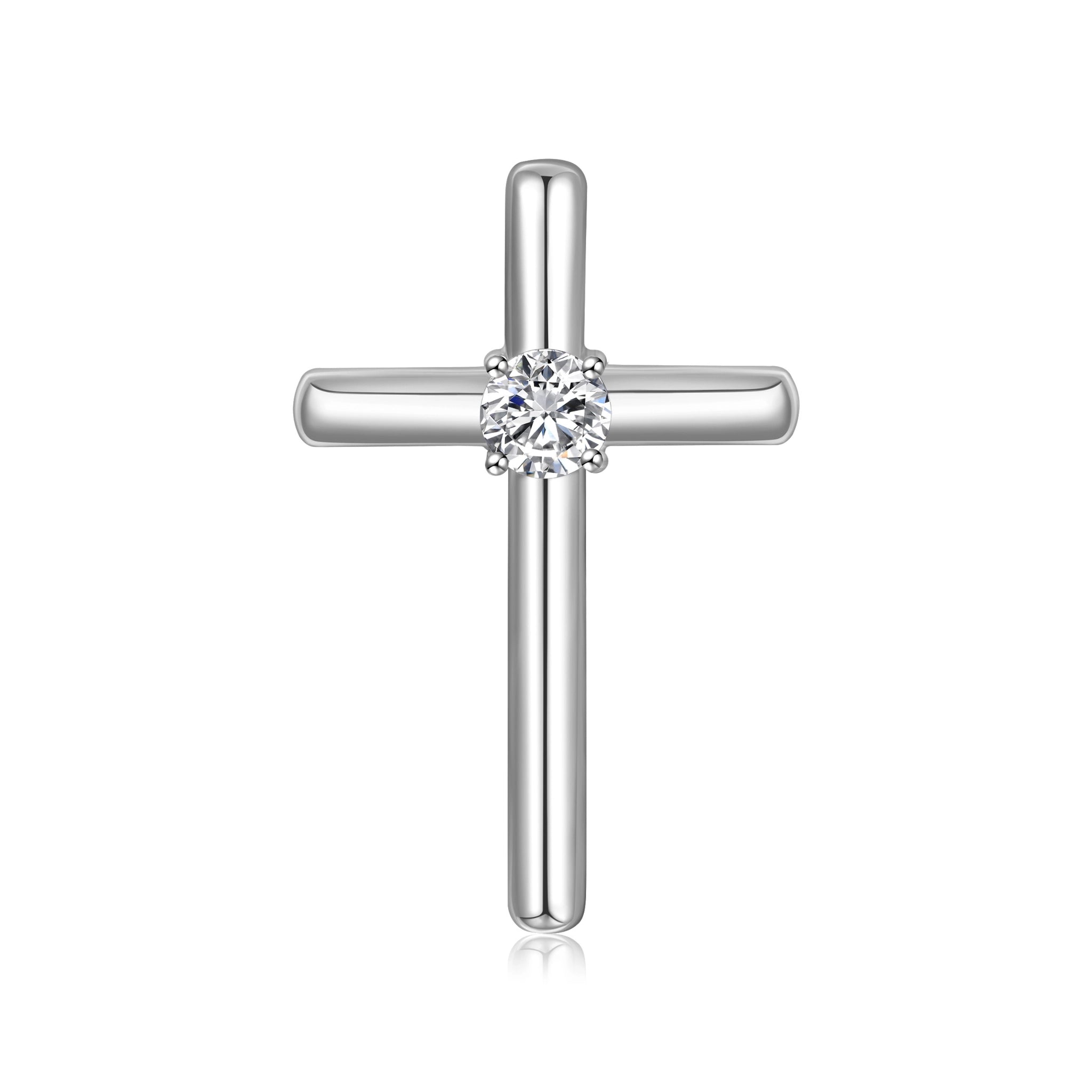Front view of the J'ENCHANTE HOPE center cross diamond pendant in 18K white gold. Featuring clean, minimalist tubular lines, the architectural design centers on a single round brilliant diamond at the intersection. A quiet symbol of faith and strength, designed to draw light inward.