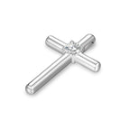 Angled view of the J'ENCHANTE HOPE diamond cross pendant. The perspective highlights the three-dimensional, clean tubular lines crafted in 18K white gold. Perfectly balancing the metallic curves with the brilliant center diamond, it serves as a beautifully architectural daily anchor.