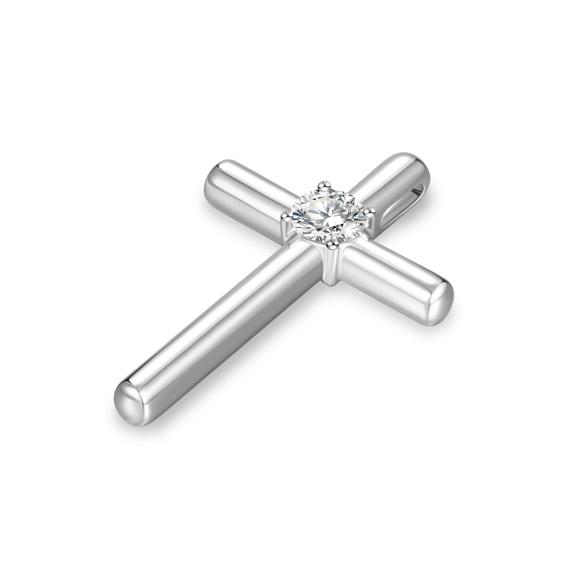 Angled view of the J'ENCHANTE HOPE diamond cross pendant. The perspective highlights the three-dimensional, clean tubular lines crafted in 18K white gold. Perfectly balancing the metallic curves with the brilliant center diamond, it serves as a beautifully architectural daily anchor.