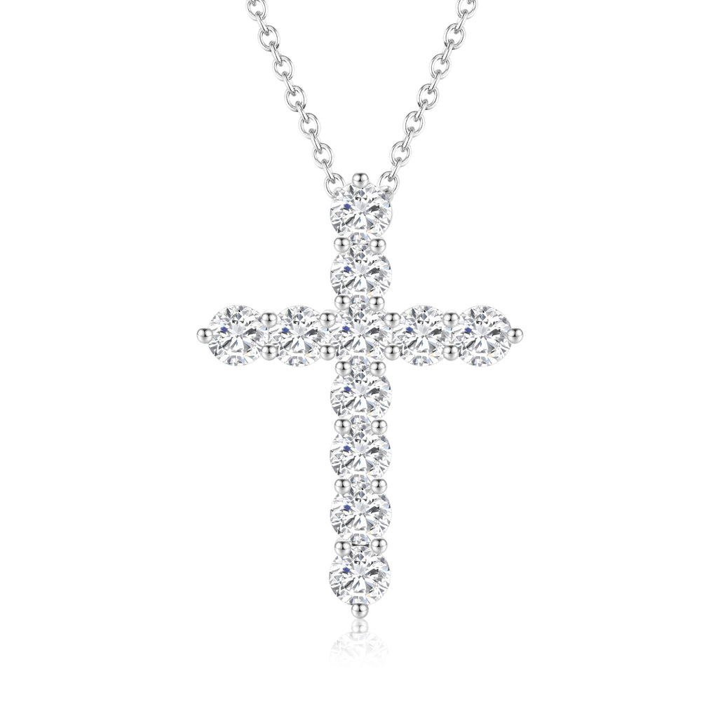 Front view of the J'ENCHANTE HOPE Radiant Cross diamond necklace in 18K white gold. Featuring a clean, balanced silhouette formed by a continuous line of 11 round brilliant diamonds (approx. 1.70 carats), creating a seamless path of light as an enduring symbol of faith and inner clarity.