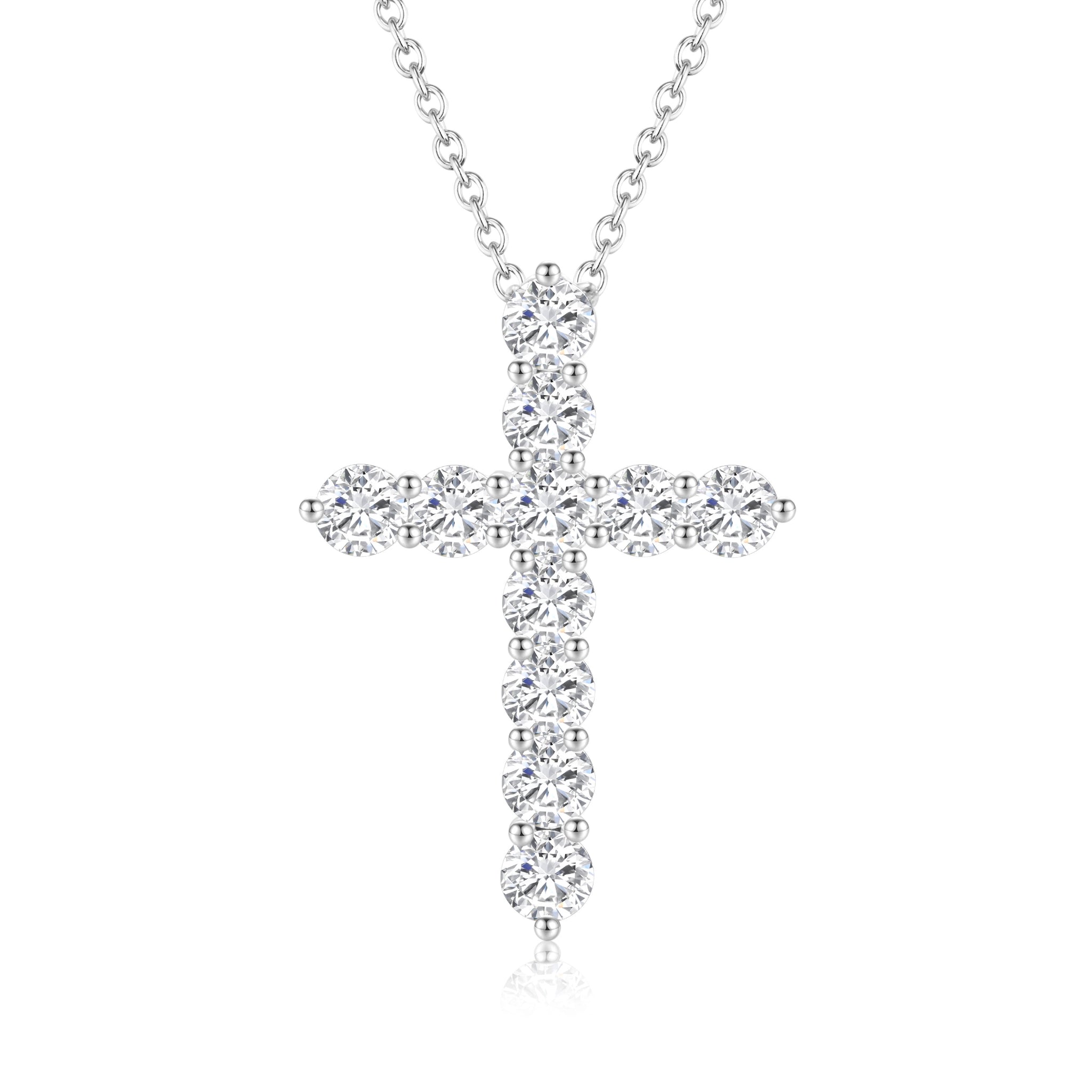 Front view of the J'ENCHANTE HOPE Radiant Cross diamond necklace in 18K white gold. Featuring a clean, balanced silhouette formed by a continuous line of 11 round brilliant diamonds (approx. 1.70 carats), creating a seamless path of light as an enduring symbol of faith and inner clarity.