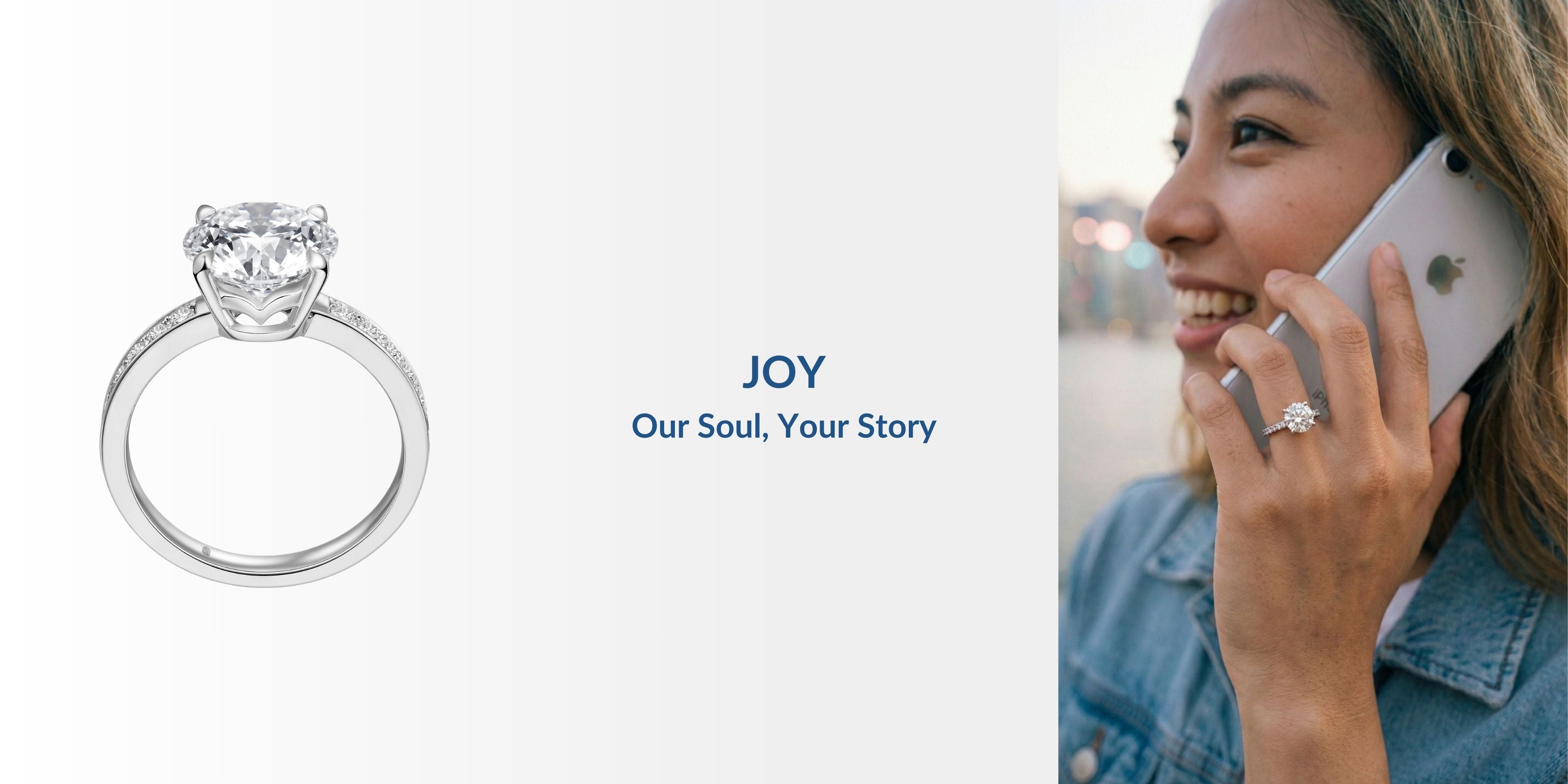 J'ENCHANTE JOY collection 18k gold lab-grown diamond engagement ring, featuring a close-up product view and a lifestyle shot of a smiling woman wearing the ring on a phone call.
