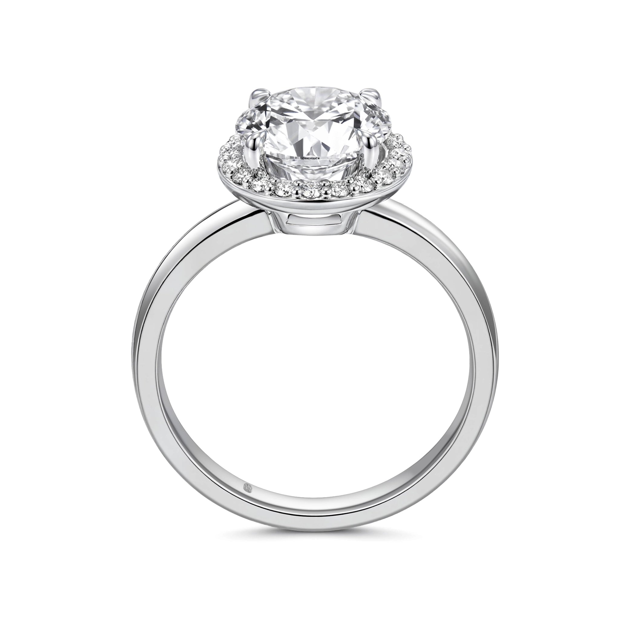 Upright profile view of the J'ENCHANTE JOY 18K white gold halo diamond ring, displaying the elegant circular band and the layered proportions of the four-prong setting and luminous 0.10-carat diamond halo.