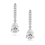 Front view of the J'ENCHANTE JOY pear drop earrings, featuring a pair of refined 18K white gold hoops adorned with 16 pavé-set diamonds (approx. 0.2 carats), creating a beautifully clean contrast with the luminous, suspended pear-shaped focal stones below.