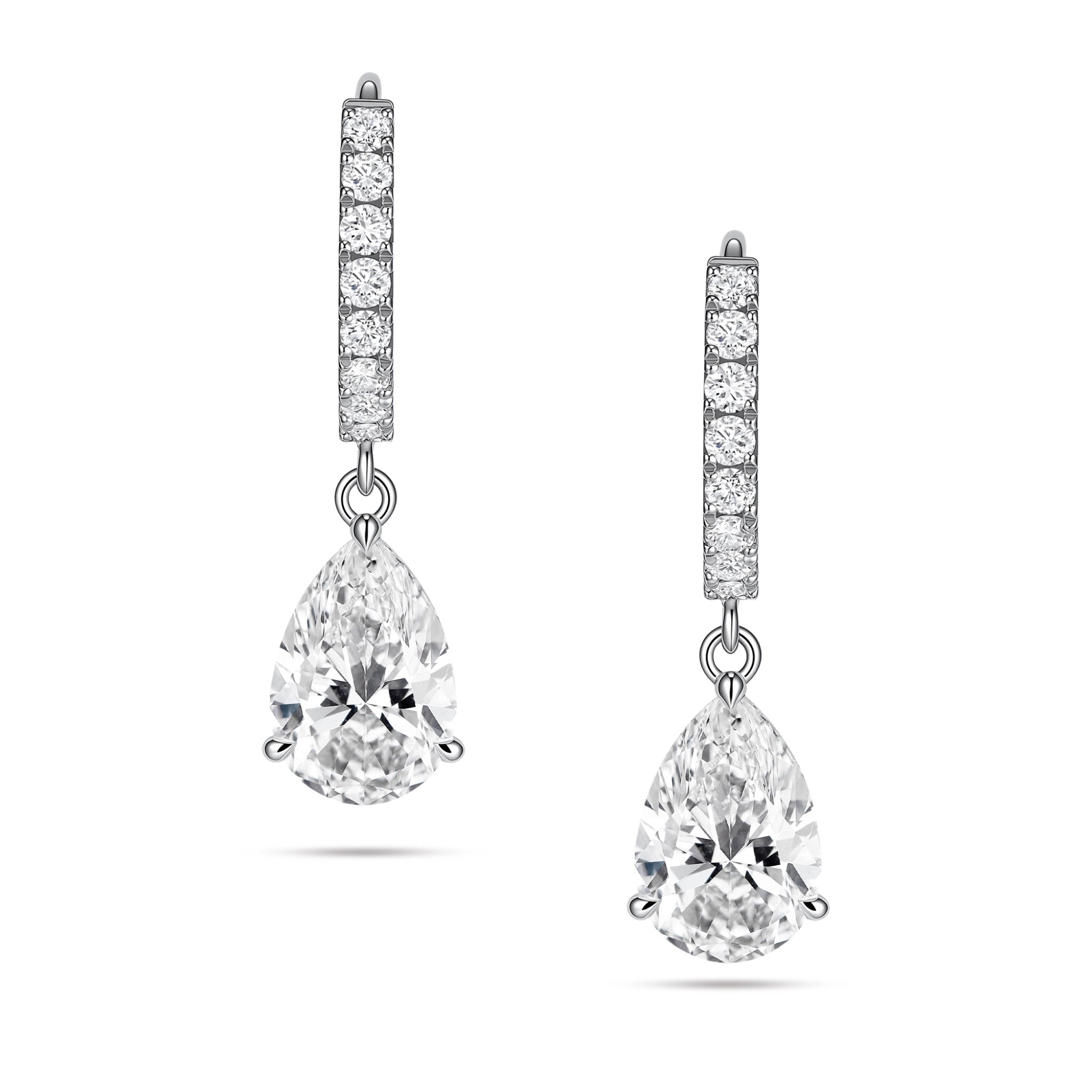 Front view of the J'ENCHANTE JOY pear drop earrings, featuring a pair of refined 18K white gold hoops adorned with 16 pavé-set diamonds (approx. 0.2 carats), creating a beautifully clean contrast with the luminous, suspended pear-shaped focal stones below.