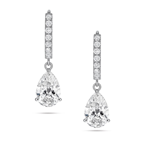 Front view of the J'ENCHANTE JOY pear drop earrings, featuring a pair of refined 18K white gold hoops adorned with 16 pavé-set diamonds (approx. 0.2 carats), creating a beautifully clean contrast with the luminous, suspended pear-shaped focal stones below.