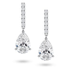 Front view of the J'ENCHANTE JOY pear bar stud earrings, featuring slim vertical bars pavé-set with 12 diamonds (0.2 carats) suspending graceful pear-shaped focal stones, creating a refined contrast of clean lines and elegant curves.