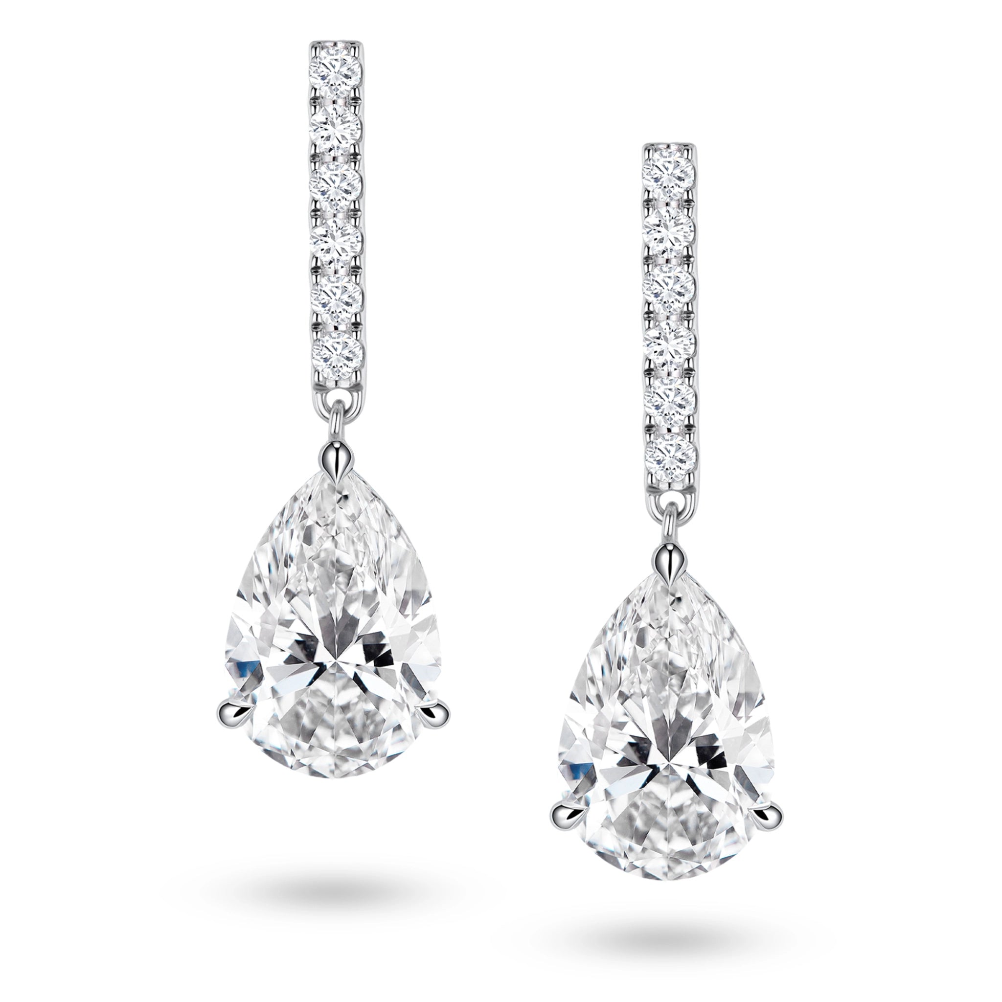 Front view of the J'ENCHANTE JOY pear bar stud earrings, featuring slim vertical bars pavé-set with 12 diamonds (0.2 carats) suspending graceful pear-shaped focal stones, creating a refined contrast of clean lines and elegant curves.