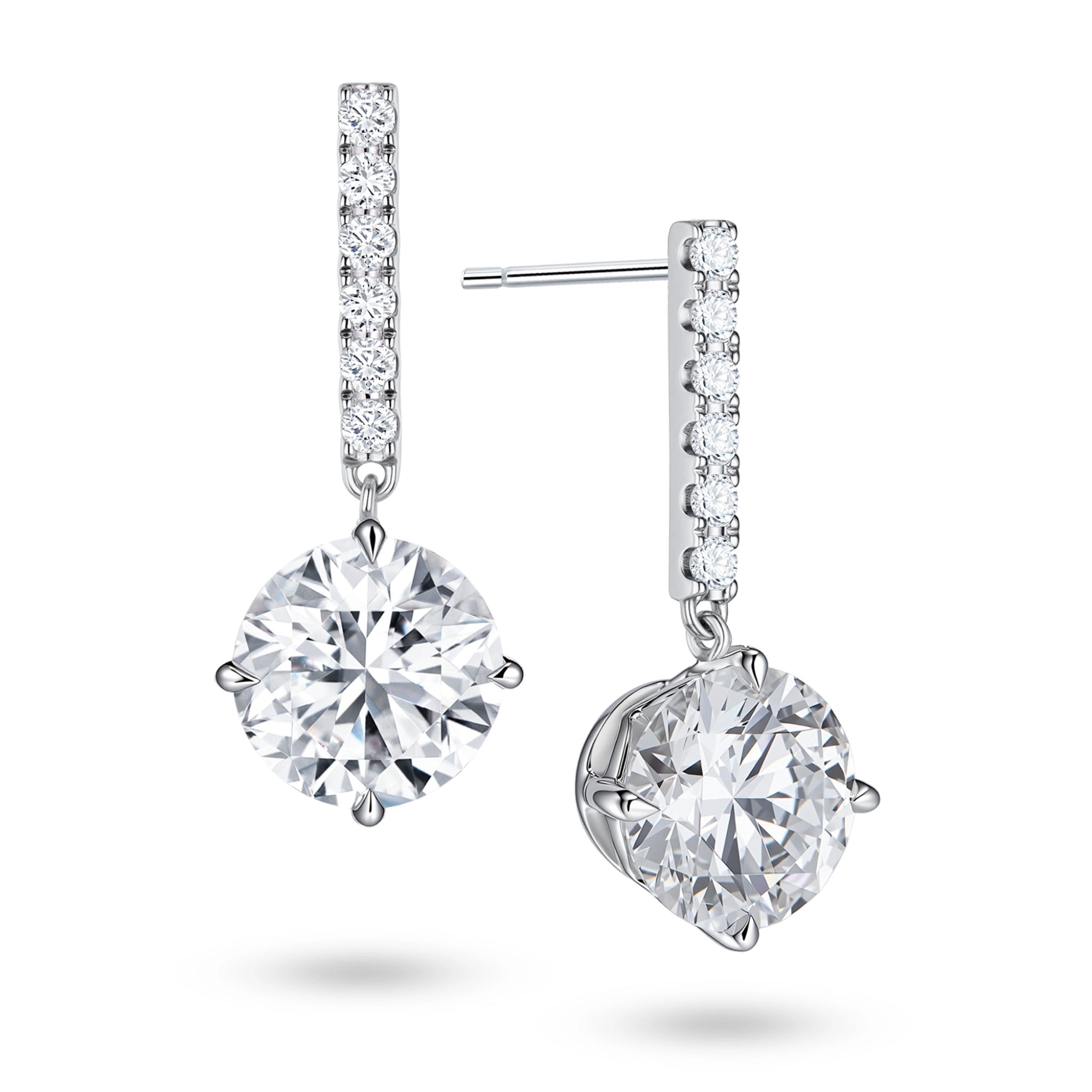 Angled view of the J'ENCHANTE JOY round bar stud earrings, highlighting the secure stud post and the signature J-shaped side profile of the sculpted setting, designed to maximize side light entry and enhance the center diamond's dimension.