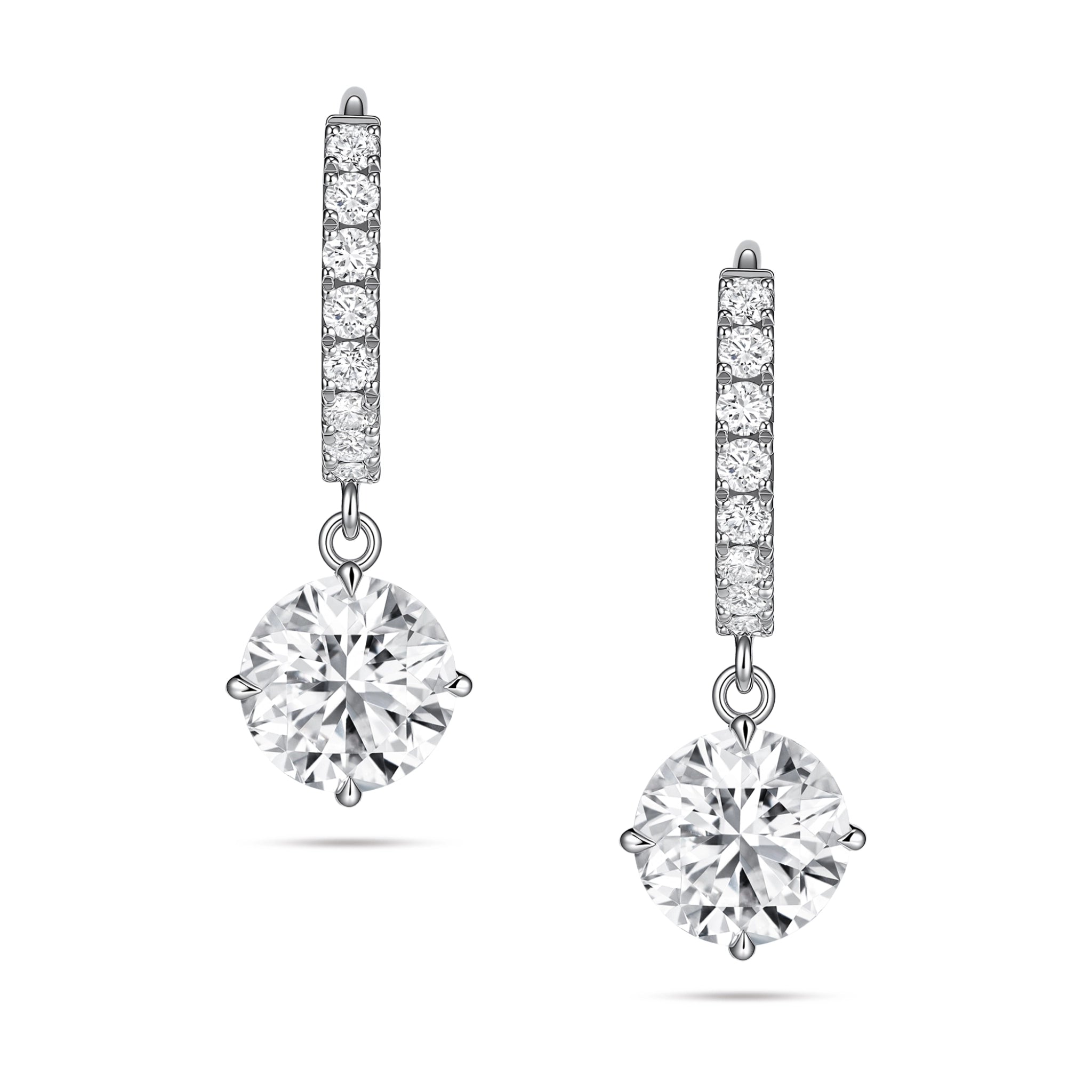 Front view of the J'ENCHANTE JOY round drop earrings, featuring a pair of clean, refined 18K white gold hoops adorned with 16 pavé-set diamonds (approx. 0.2 carats) suspending luminous round brilliant focal stones.