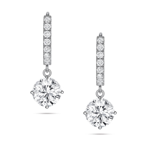 Front view of the J'ENCHANTE JOY round drop earrings, featuring a pair of clean, refined 18K white gold hoops adorned with 16 pavé-set diamonds (approx. 0.2 carats) suspending luminous round brilliant focal stones.