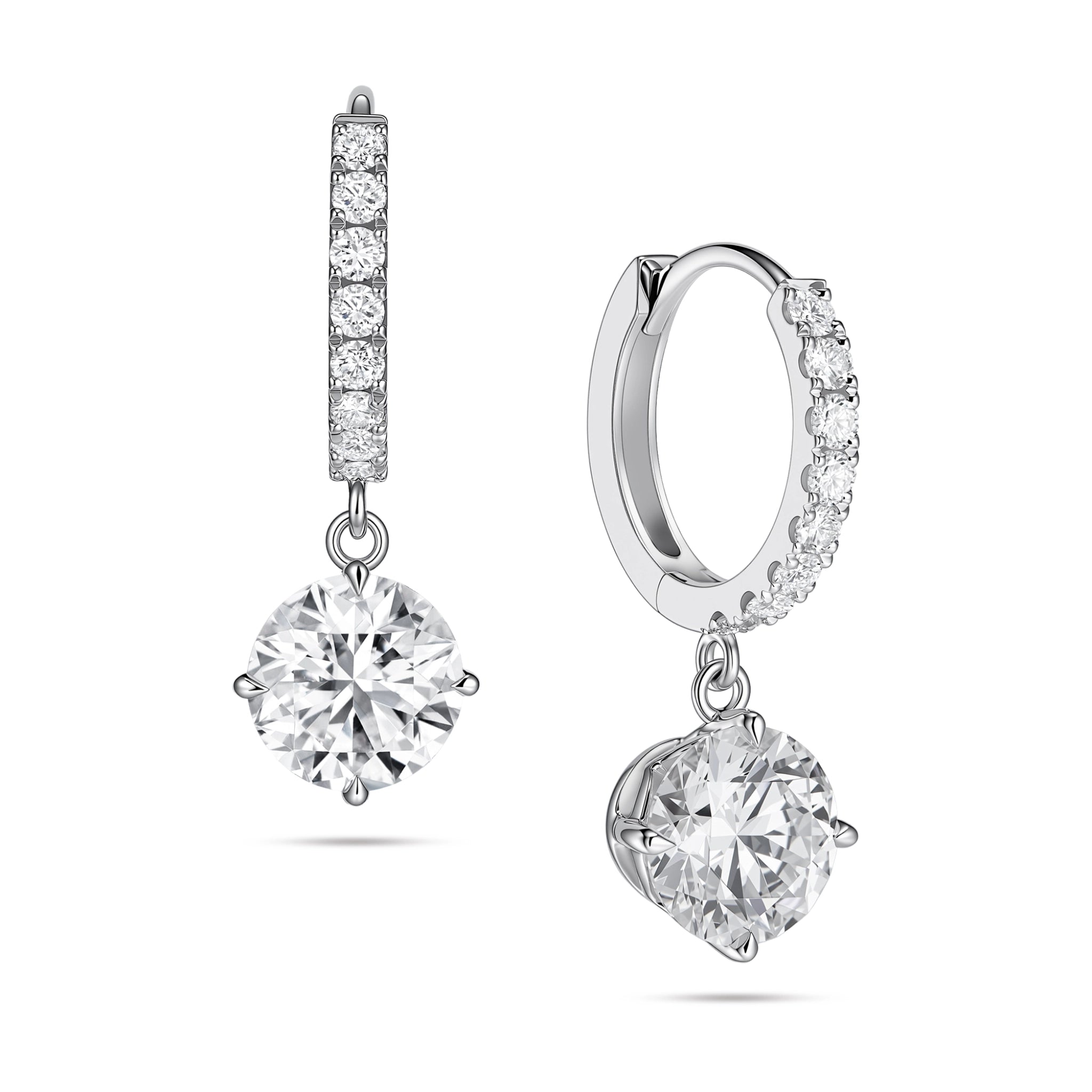 Angled view of the J'ENCHANTE JOY round drop earrings in 18K white gold, showcasing a pair of slim pavé hoops and brilliant round drops. One earring highlights the signature J-shaped side profile, designed to maximize side light entry for enhanced diamond clarity and depth.