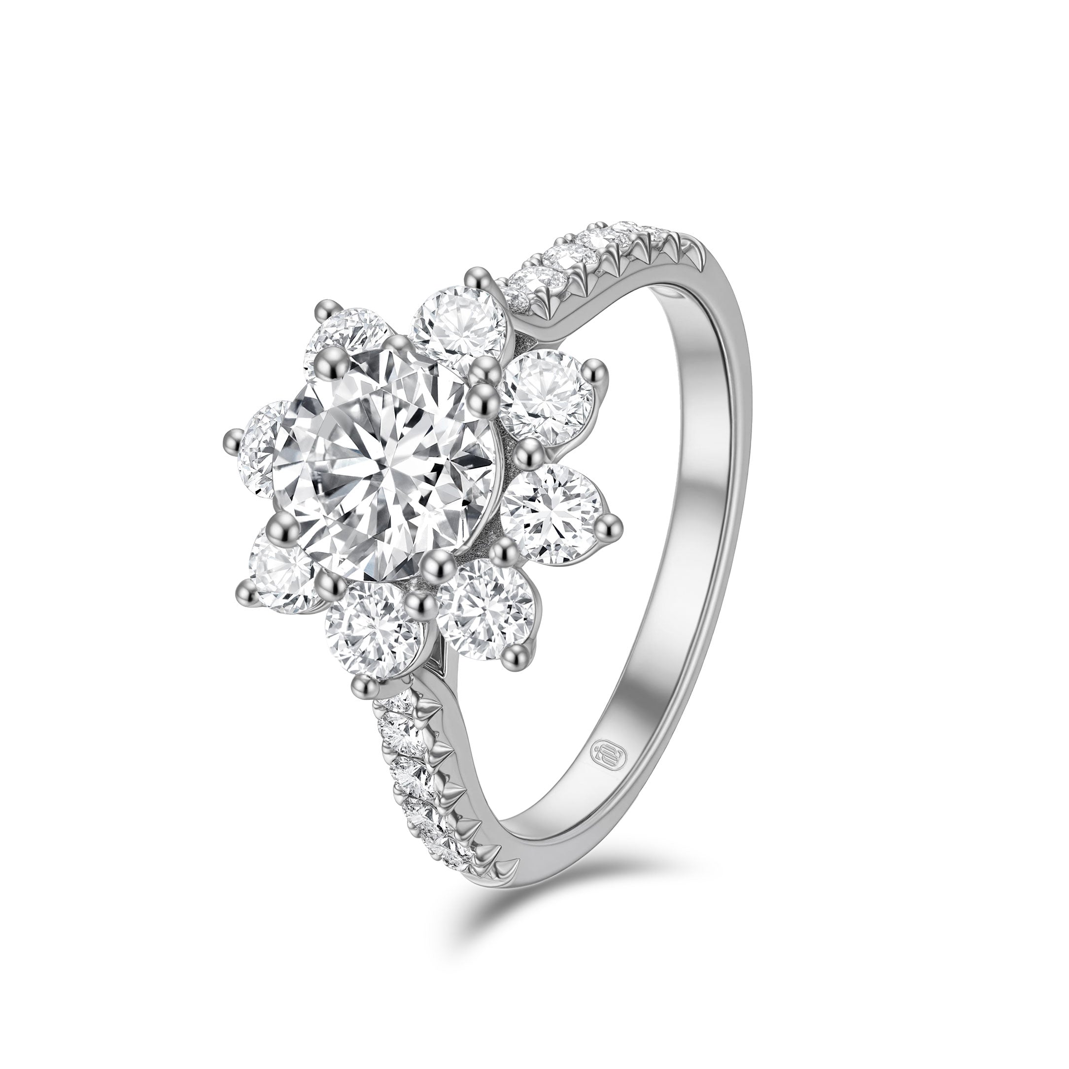 Angled view of the J'ENCHANTE LIFE Full Bloom sunflower diamond ring. The image highlights the elevated center setting that lifts the 1-carat focal diamond, allowing light to flow freely through the floral halo and pavé-set band for enhanced brilliance and striking depth.
