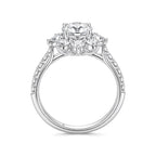 Upright profile view of the J'ENCHANTE LIFE Full Bloom diamond ring. This perspective reveals the intricate architectural support beneath the sunflower halo and its seamless transition into the pavé-set band, beautifully reflecting the collection's "center of our world" philosophy.