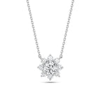 Front view of the J'ENCHANTE LIFE Sunlit Bloom necklace. Suspended on a clean, elegant chain, the sunflower-inspired pendant features a perfectly symmetrical 8-stone diamond halo framing the center stone. This luminous floral design creates a striking focal point, balancing everyday wearability with lasting, joyful brilliance.