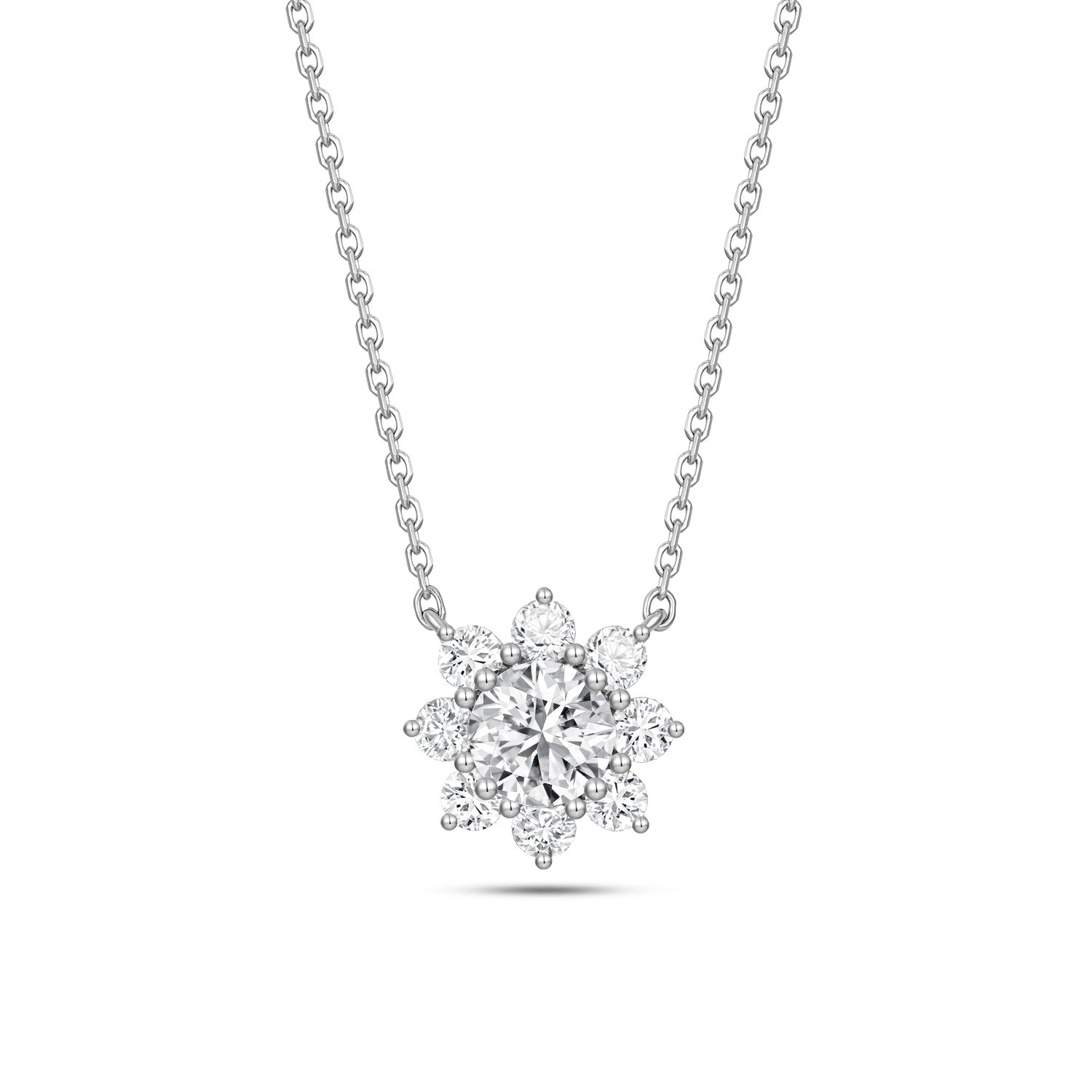 Front view of the J'ENCHANTE LIFE Sunlit Bloom necklace. Suspended on a clean, elegant chain, the sunflower-inspired pendant features a perfectly symmetrical 8-stone diamond halo framing the center stone. This luminous floral design creates a striking focal point, balancing everyday wearability with lasting, joyful brilliance.