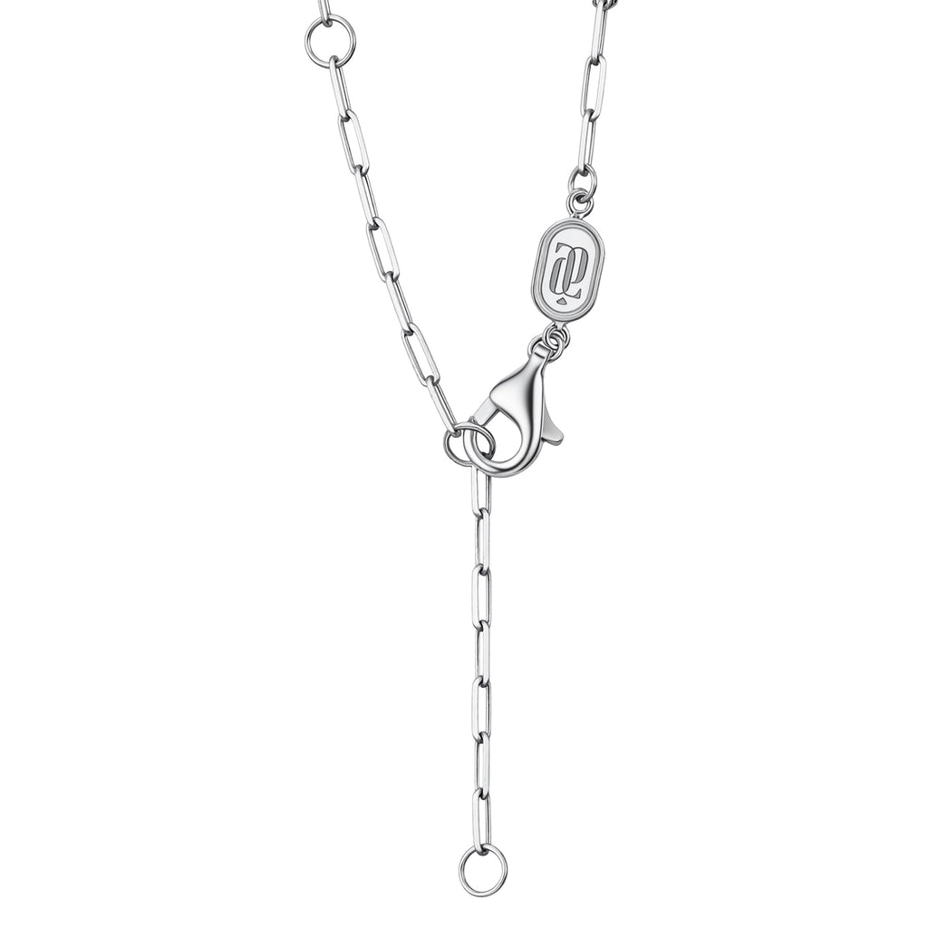 Detail view of the J'ENCHANTE LUCK 18K white gold necklace chain, showcasing the stylish paperclip links, a secure lobster clasp, and the engraved signature brand hallmark tag. Crafted for safety, versatility, and enduring everyday luxury.