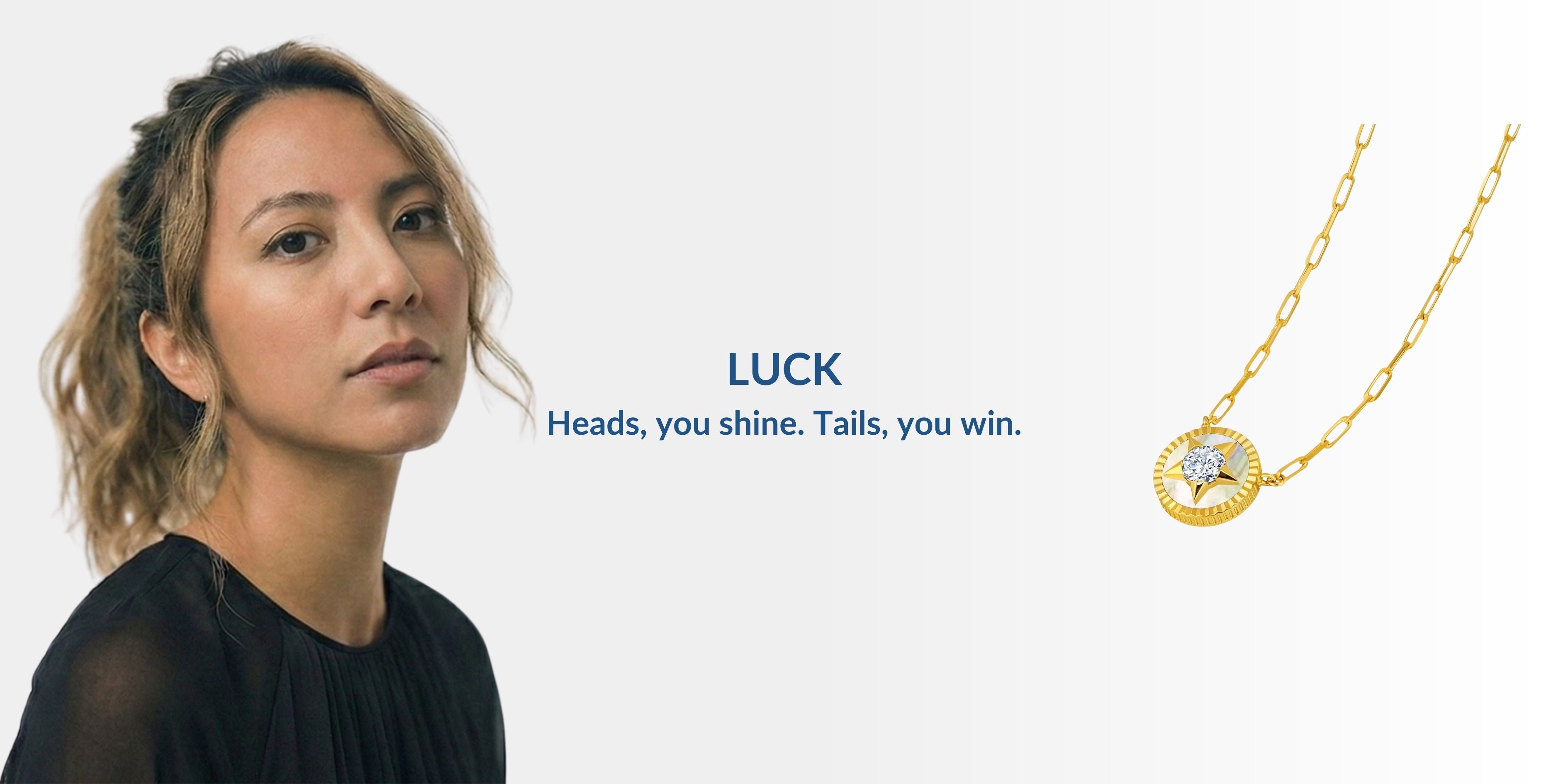 J'ENCHANTE LUCK collection 18k gold lab-grown diamond coin necklace, featured alongside a confident woman, symbolizing luck and brilliance with a star motif.