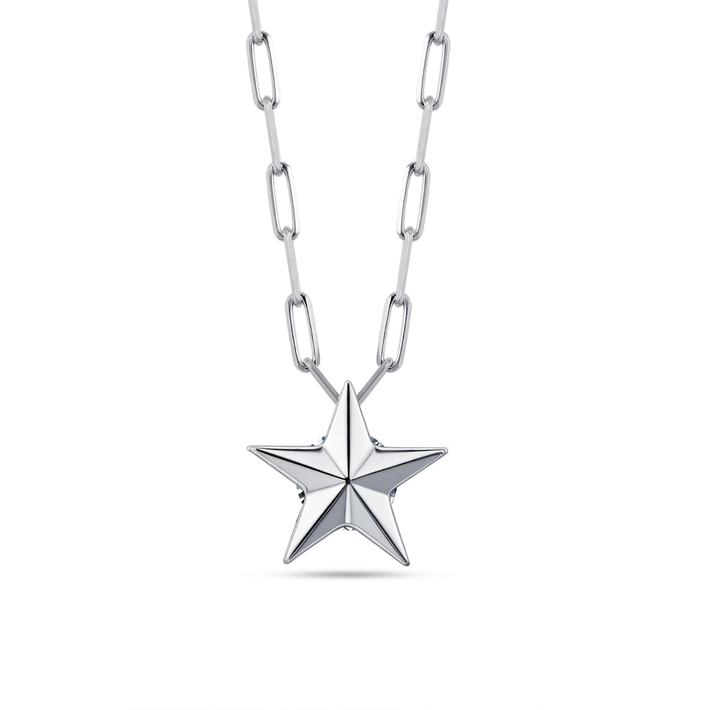 Reverse view of the J'ENCHANTE LUCK 18K white gold reversible star necklace. Flipped to reveal a clean, highly polished metal star on the reverse, this versatile design expresses confident composure and minimalist elegance for understated everyday wear.