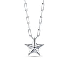 Reverse view of the J'ENCHANTE LUCK 18K white gold reversible star necklace. Flipped to reveal a clean, highly polished metal star on the reverse, this versatile design expresses confident composure and minimalist elegance for understated everyday wear.