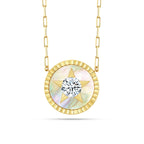 Front view of the J'ENCHANTE LUCK reversible star necklace in 18K gold, featuring a radiant mother-of-pearl star inlay with a brilliant 0.2ct diamond center, symbolizing luck and guidance.